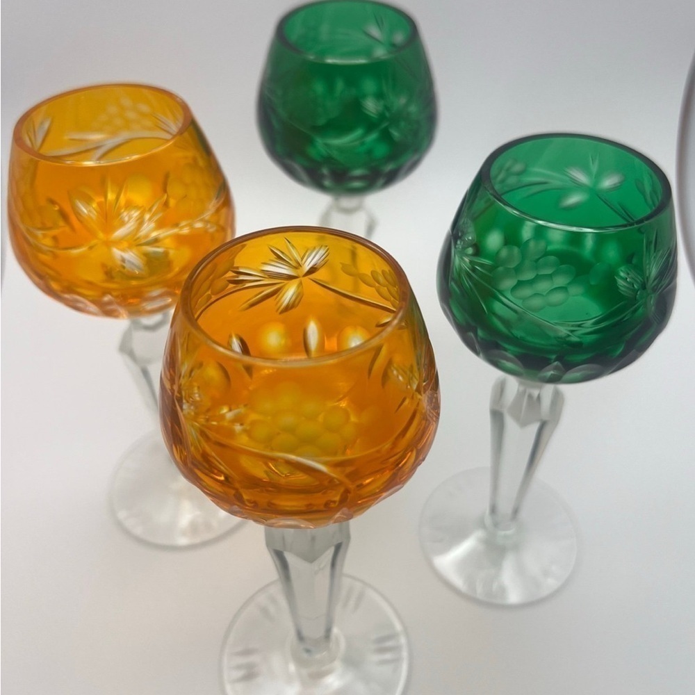 Handblown Crystal Cordial Glasses, Emerald Green and Orange - Picture 9 of 11